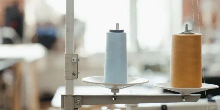 Close-up of blue and yellow thread spools on a sewing machine, lit by soft natural light