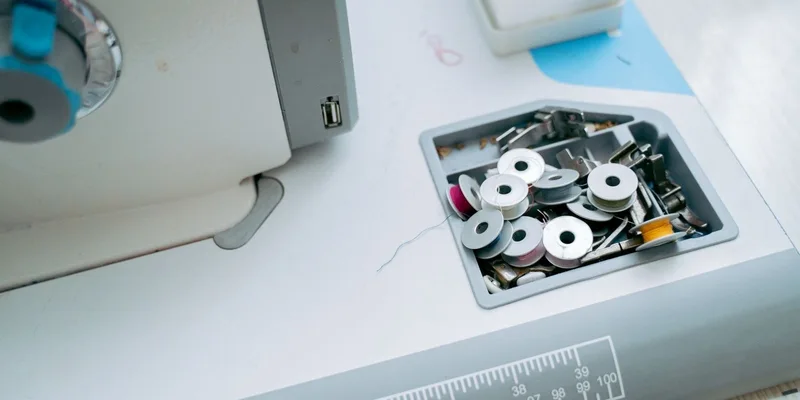 Detailed view of a sewing machine with spools and tools in a tailor workshop
