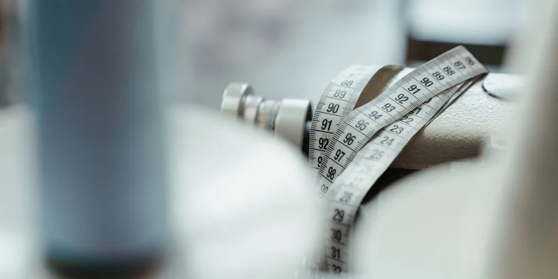 A sewing machine with a measuring tape draped over, emphasizing tailoring and craftsmanship