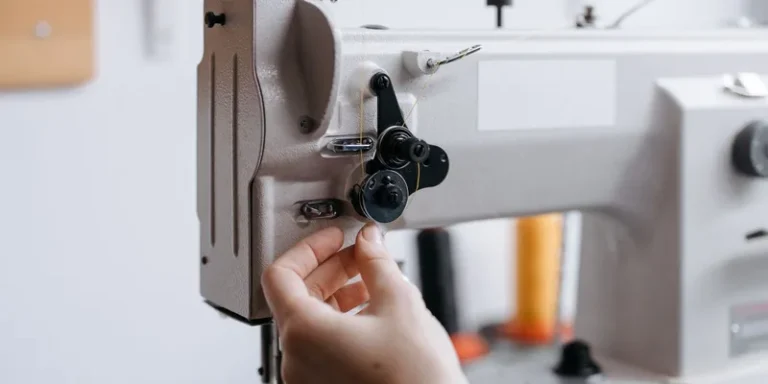 Detailed view of a hand operating a sewing machine with fine thread