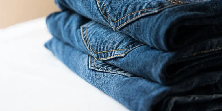 Stack of neatly folded blue denim jeans highlighting stitching details