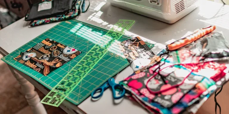 A vibrant sewing setup with fabrics, scissors, and a sewing machine on a desk for creative crafting