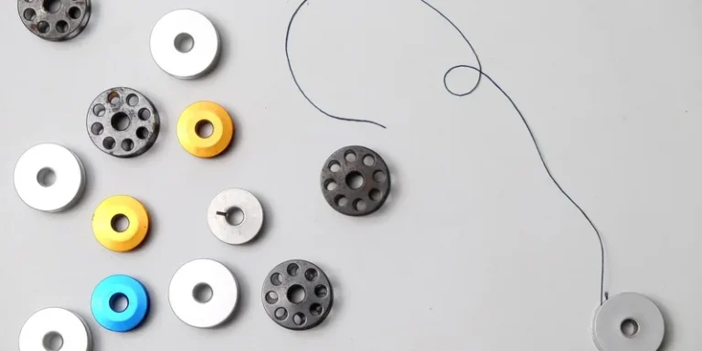 Collection of colorful sewing bobbins with thread on a white background