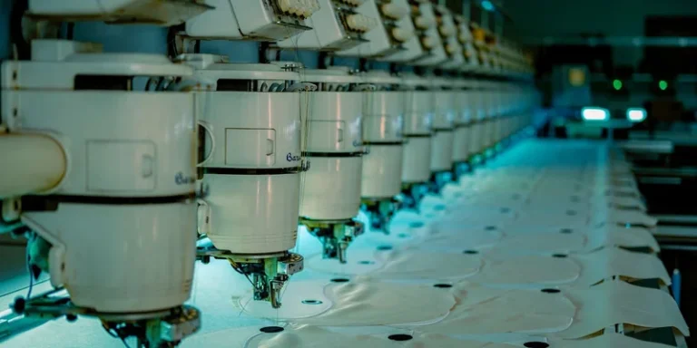 Row of industrial sewing machines in a textile factory producing garments