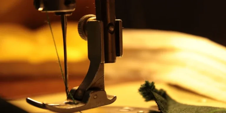 Detailed view of a sewing machine needle stitching fabric