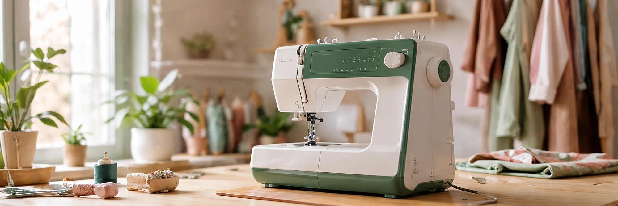 Green sewing machine in a bright sewing room