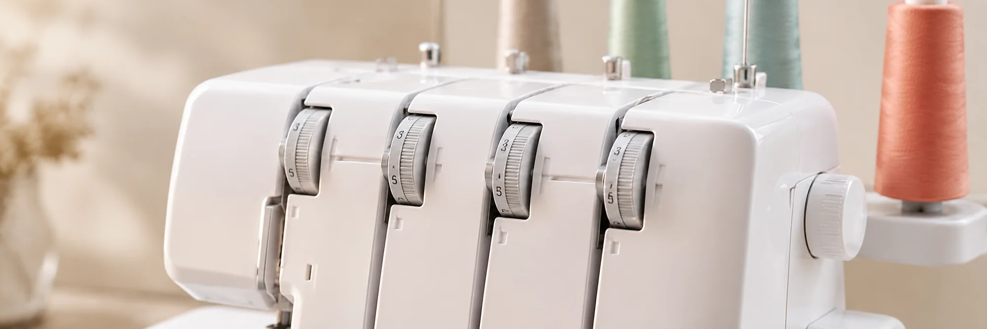 Close-up of a serger with four tension dials