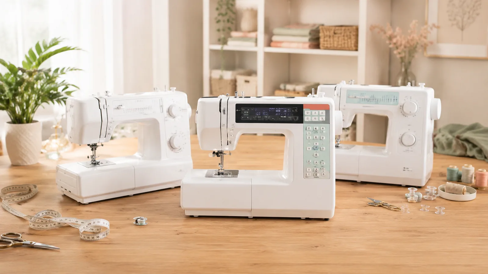 Three sewing machines side by side on a wooden table
