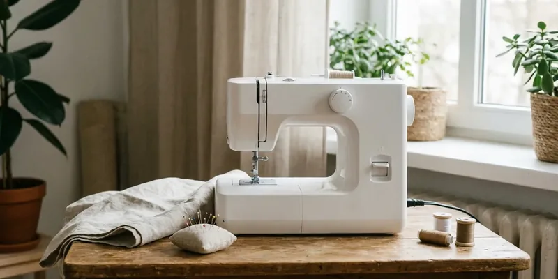 Compact white sewing machine on a wooden table by the window