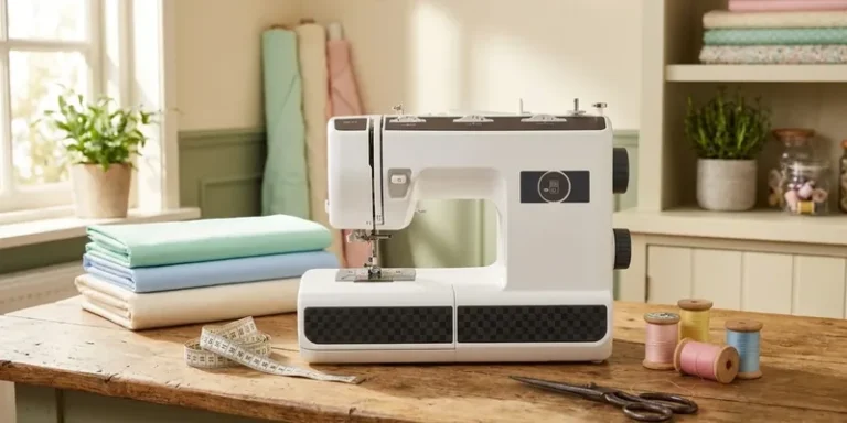 Brother sewing machine on a worktable in a bright sewing room