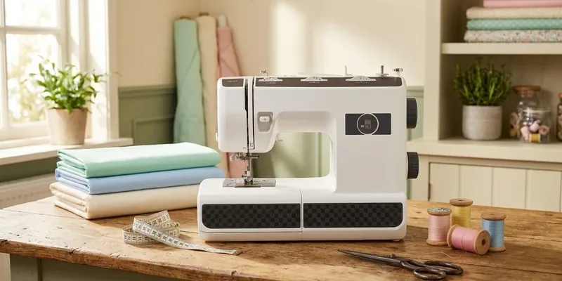 Brother sewing machine on a worktable in a bright sewing room