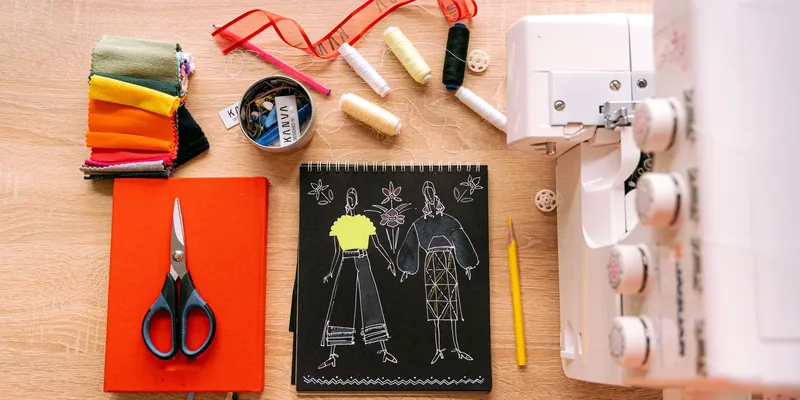 Flatlay with sketchbook, fabric swatches and a serger