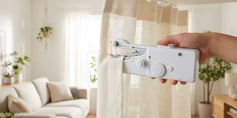 Handheld sewing machine at a curtain hem