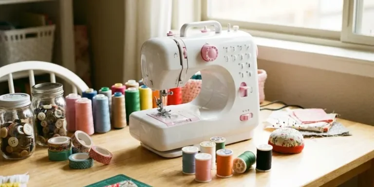 Small white sewing machine in a cheerful craft corner