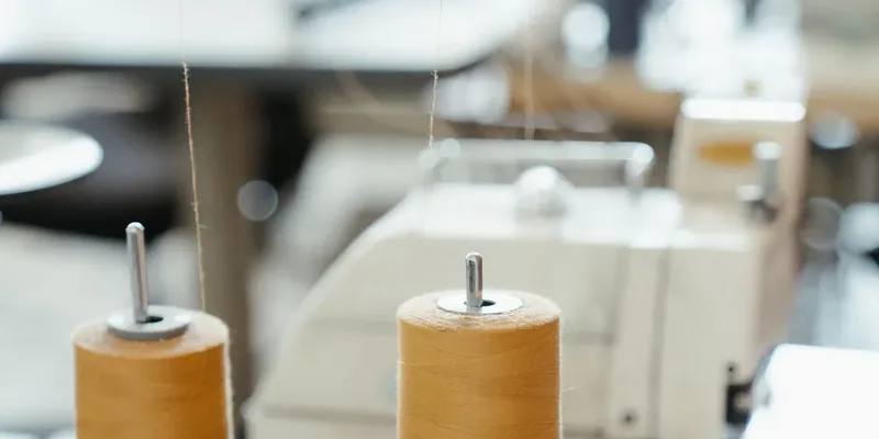Yellow thread cones on an industrial serger