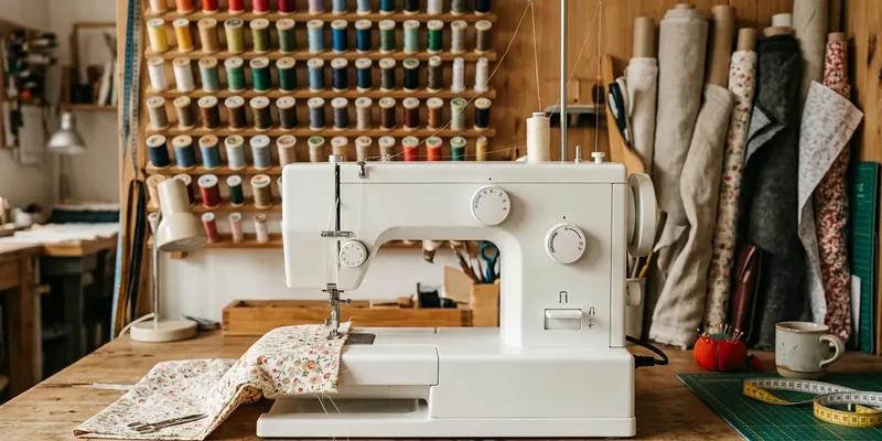 Sturdy sewing machine in a studio with thread racks