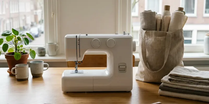 Compact budget sewing machine on a kitchen table