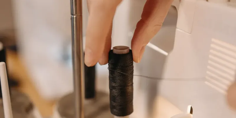 Hand placing a thread cone on a serger