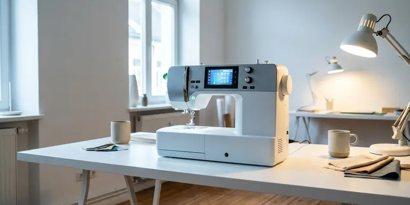 Electronic sewing machine with a display on a modern desk