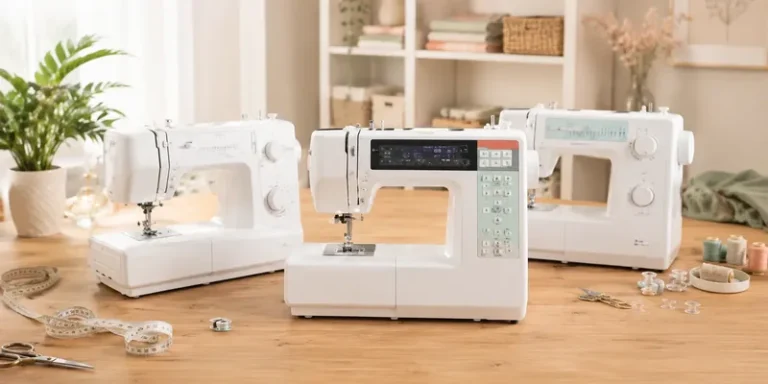 Three sewing machines side by side on a wooden table