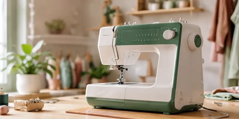 Green sewing machine in a bright sewing room