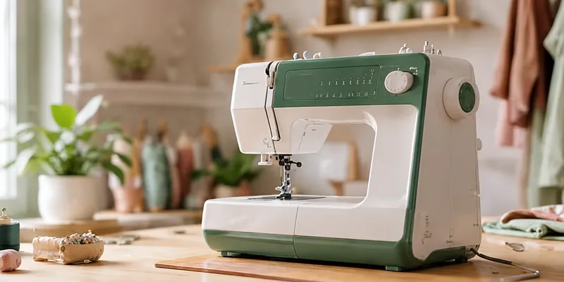 Green sewing machine in a bright sewing room