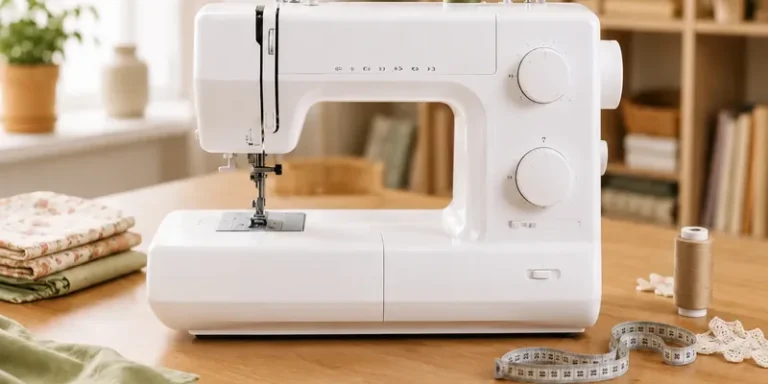 White sewing machine on a wooden table