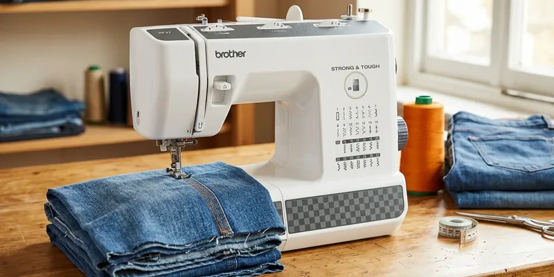 Heavy duty sewing machine with a stack of denim