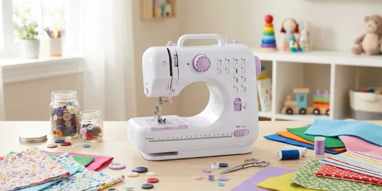 Kids sewing machine with colorful fabric scraps and felt