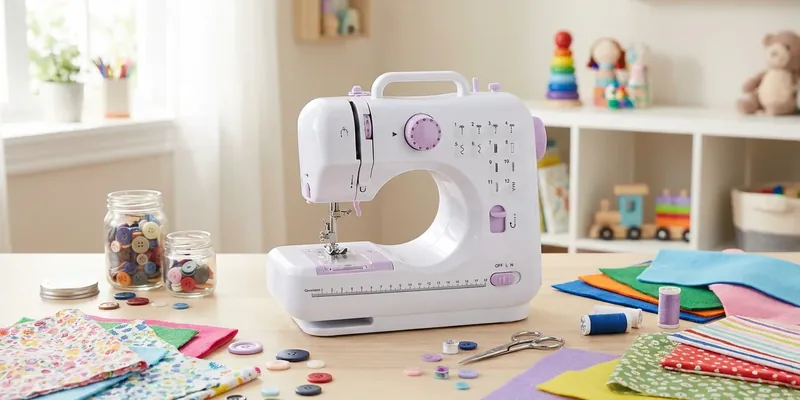 Kids sewing machine with colorful fabric scraps and felt