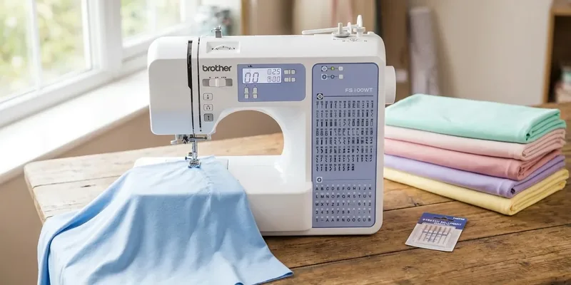 Sewing machine with knit fabric in pastel tones