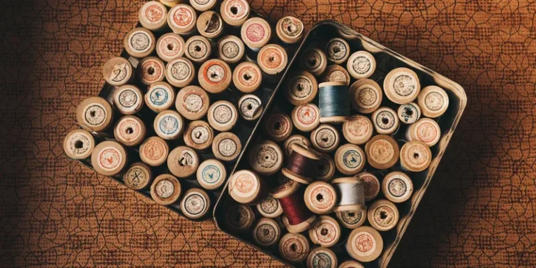 Vintage wooden thread spools in a tin box