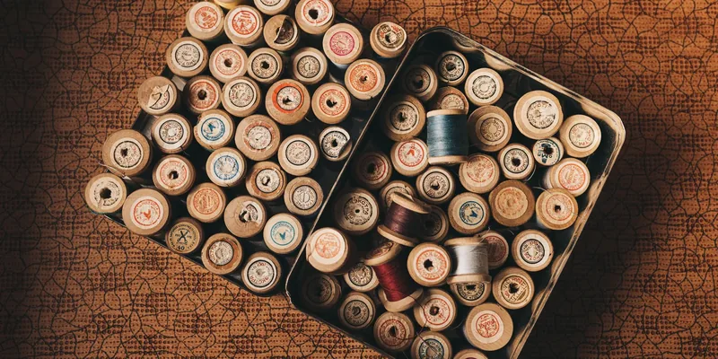 Vintage wooden thread spools in a tin box