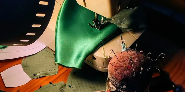 Sewing machine with quilt pieces and pins