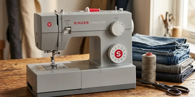Singer Heavy Duty sewing machine on a wooden workbench