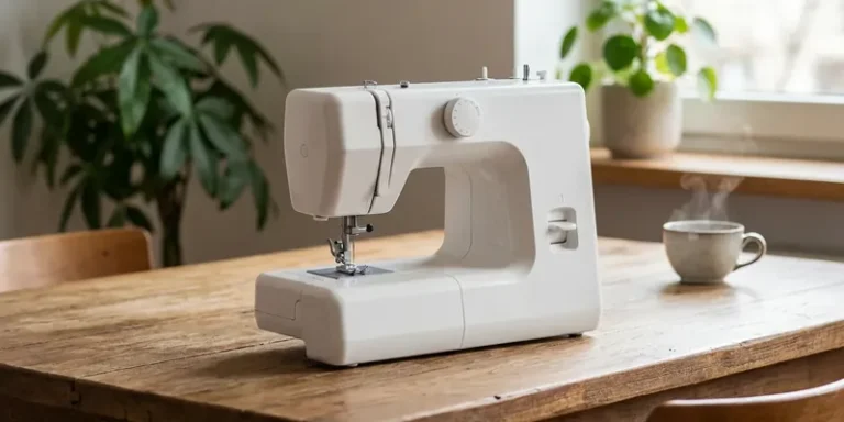 Compact white sewing machine on a dining table