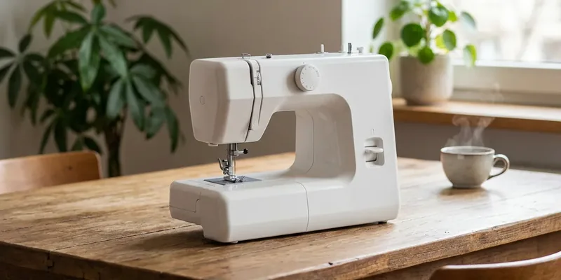 Compact white sewing machine on a dining table