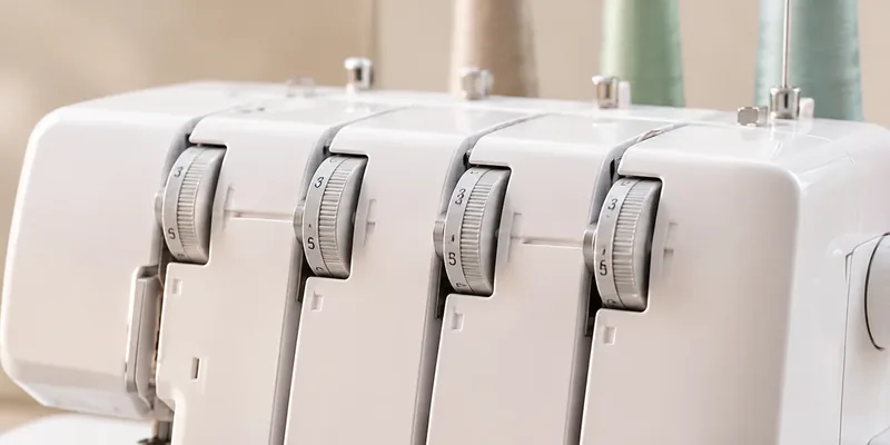 Close-up of a serger with four tension dials
