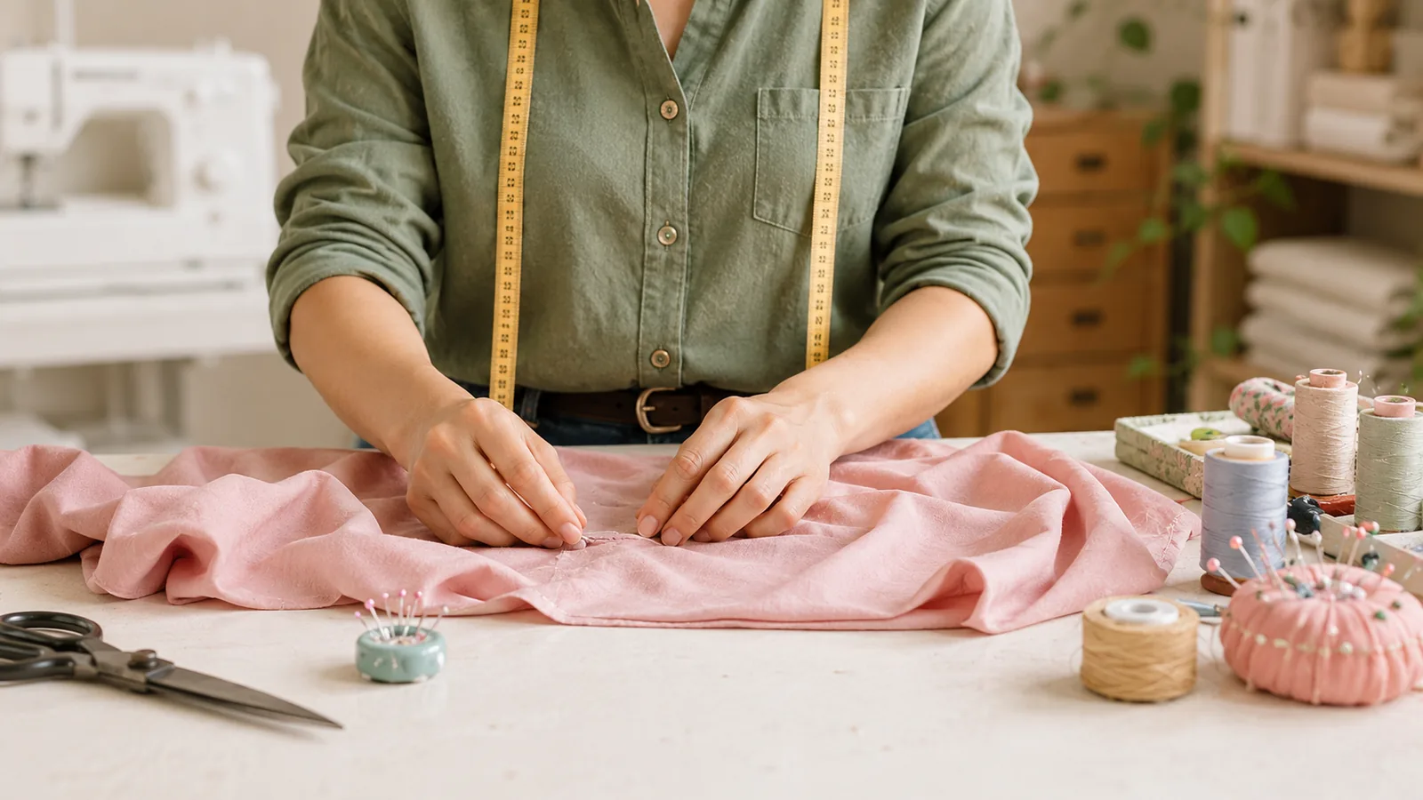 Sewist pinning pink fabric on a worktable