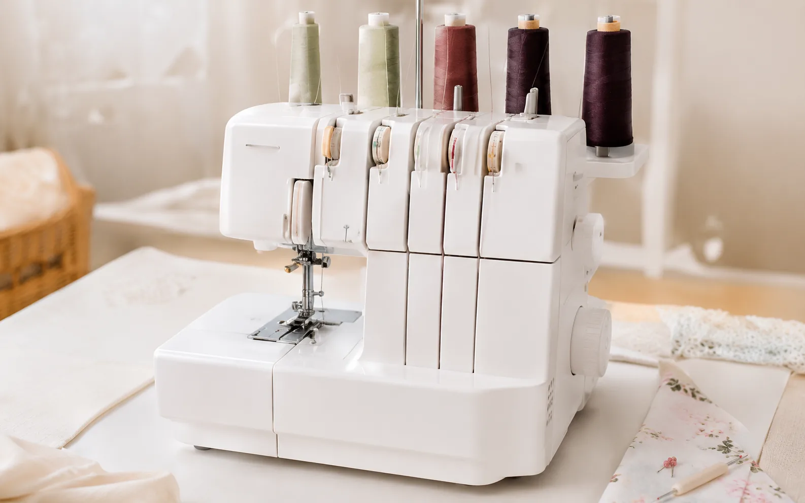 Serger with colorful thread cones