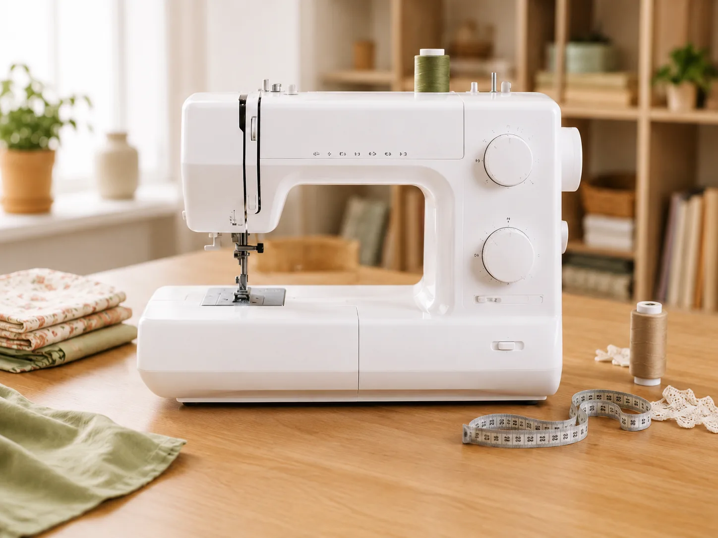White sewing machine on a wooden table