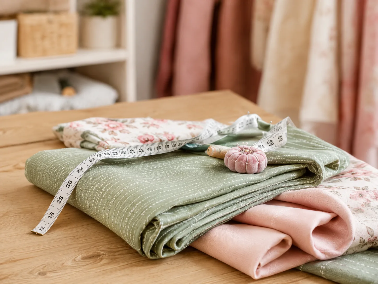 Folded fabrics with measuring tape and pincushion