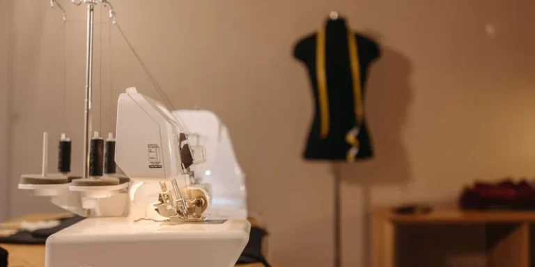 A sewing machine and tailor's manikin in a chic, organized atelier setting