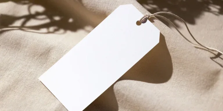 A minimalist blank price tag placed on textured fabric