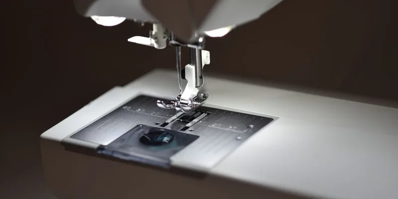 Detailed view of a sewing machine's presser foot illuminated by soft lighting
