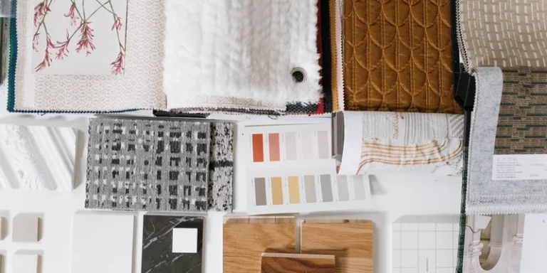 Assorted fabric and textile samples with color swatches for design inspiration